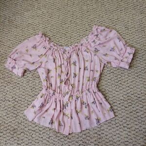 White Birch Sz S Peplum Blouse Button Up w Puff Sleeves Shirt Cottagecore Top